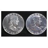 (2) 90% SILVER 1961 FRANKLIN HALF DOLLARS PROOF BU
