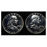 (2) 90% SILVER 1958 FRANKLIN HALF DOLLARS PROOF BU