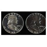 (2) 90% SILVER 1961 FRANKLIN HALF DOLLARS PROOF BU