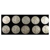 (10) 90% SILVER WALKING HALF DOLLARS