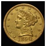 1850-C $5 LIBERTY GOLD NO MOTTO CH ORIG UNC