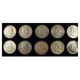 (10) 90% SILVER FRANKLIN HALF DOLLARS