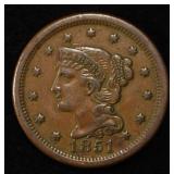 1851 BRAIDED HAIR LARGE CENT XF