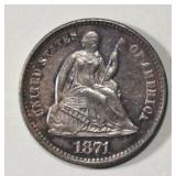 1871 SEATED LIBERTY HALF DIME CH AU
