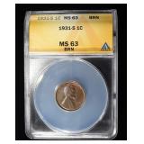 1931-S LINCOLN CENT ANACS MS-63 BN