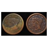 (2) 1852 BRAIDED HAIR LARGE CENT VG/F