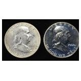 (2) 90% SILVER 1960 FRANKLIN HALF DOLLARS PROOF BU