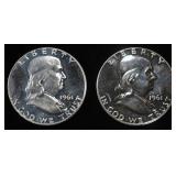 (2) 90% SILVER 1961 FRANKLIN HALF DOLLARS PROOF BU