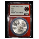 1986 MEXICO 1 OZ 0.999 SILVER ROUND NGC MS65