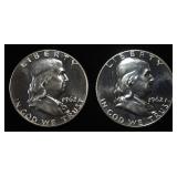 (2) 90% SILVER 1962 FRANKLIN HALF DOLLARS PROOF BU