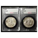 (2) 1942 WALKING LIBERTY HALF DOLLARS ACG CH BU