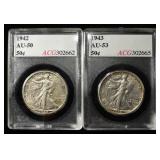 1942 & 1943 WALKING LIBERTY HALF DOLLAR ACG AU