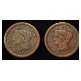 (2) 1849 BRAIDED HAIR LARGE CENT