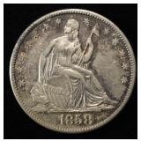 1858-O SEATED LIBERTY HALF DOLLAR CH AU