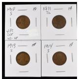 1910-S, 1911-D, 1913-S &1914-S WHEAT CENTS VG