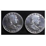 (2) 90% SILVER 1962 FRANKLIN HALF DOLLARS PROOF BU