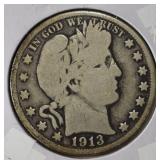 1913 BARBER HALF DOLLAR VG