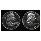 (2) 90% SILVER 1963 FRANKLIN HALF DOLLARS PROOF BU