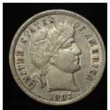 1907 BARBER DIME XF/AU