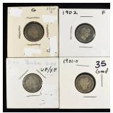1901-O, 1902, 1904 & 1915-S BARBER DIMES