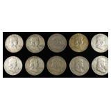 (10) 90% SILVER FRANKLIN HALF DOLLARS