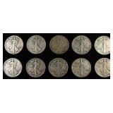 (10) 90% SILVER WALKING LIBERTY HALF DOLLARS