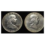(2) 90% SILVER 1960 FRANKLIN HALF DOLLARS PROOF BU