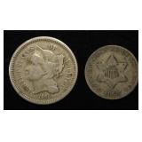 1852 3C SILVER VG & 1866 3-CENT NICKEL VG