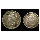 1869 3-CENT NICKEL & 1862 SEATED HALF DIME