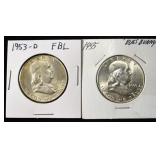 1953-D FBL & 1955 FRANKLIN HALF DOLLARS