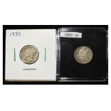 1889 SEATED LIBERTY DIME VF & 1935 MERCURY DIME VF