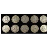 (10) 90% SILVER FRANKLIN HALF DOLLARS