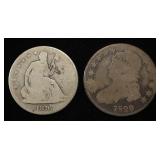 1829 CAPPED BUST & 1876 LIBERTY SEATED 50C AG