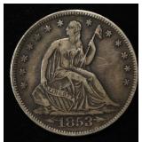 1853 SEATED LIBERTY HALF DOLLAR XF REV. SCRATCH