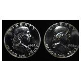 (2) 90% SILVER 1962 FRANKLIN HALF DOLLARS PROOF BU