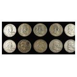 (10) 90% SILVER FRANKLIN HALF DOLLARS