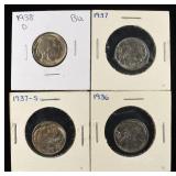 1936, 37-P,S, 38-D BUFFALO NICKELS BU