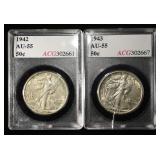 1942 & 1943 WALKING LIBERTY HALF DOLLAR ACG AU/BU