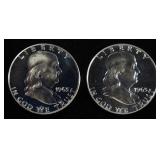 (2) 90% SILVER 1963 FRANKLIN HALF DOLLARS PROOF BU