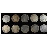 (10) 90% SILVER BARBER HALF DOLLARS