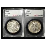 1942 & 1943 WALKING LIBERTY HALF DOLLARS ACG AU/BU