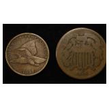 1857 FLYING EAGLE CENT F & 1864 2-CENT PIECE AG