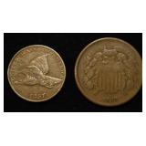 1857 FLYING EAGLE FINE & 1865 2-CENT PIECE