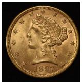 1897 $5 LIBERTY GOLD GEM BU