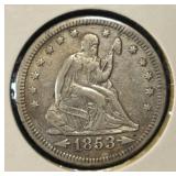 1853 ARROWS & RAYS SEATED QUARTER VF/XF