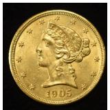 1905 $5 GOLD LIBERTY CH BU