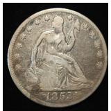 1853 ARROWS RAYS SEATED LIBERTY HALF DOLLAR FINE