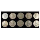 (10) 90% SILVER FRANKLIN HALF DOLLARS