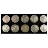 (10) 90% SILVER WALKING LIBERTY HALF DOLLARS