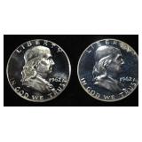 (2) 90% SILVER 1962 FRANKLIN HALF DOLLARS PROOF BU